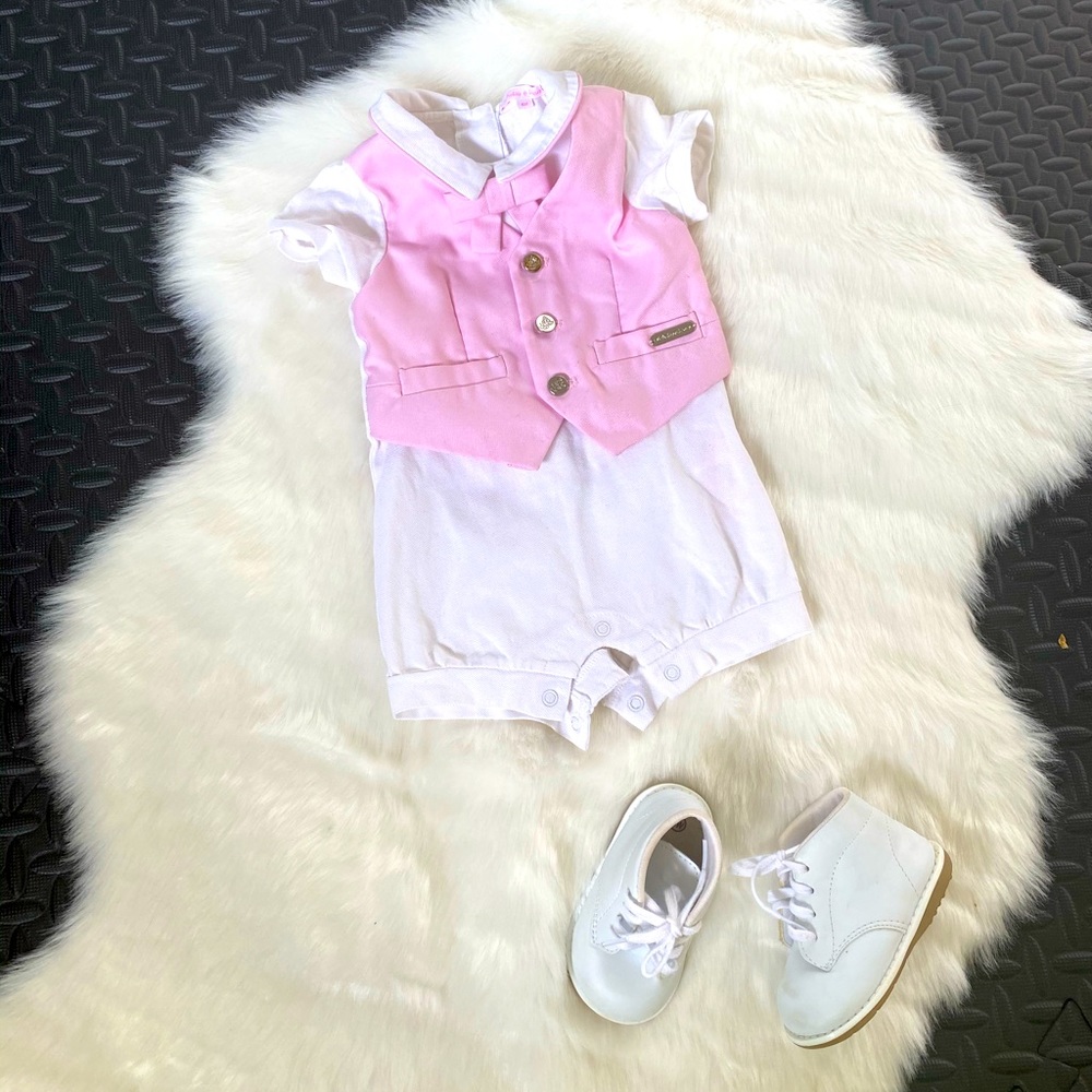 Pink and white formal onesies and white shoes